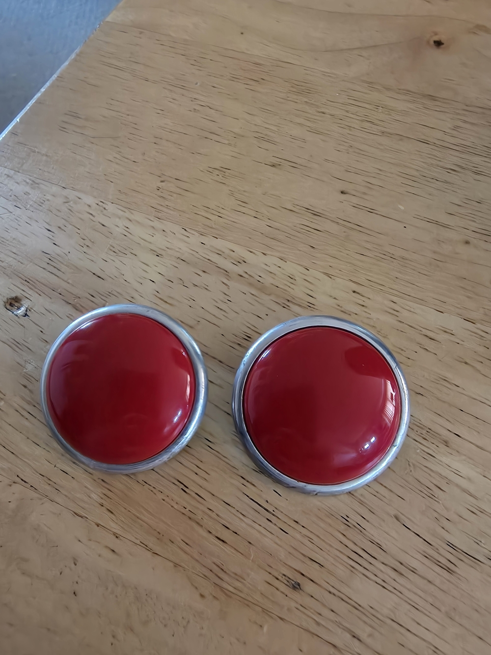 Vintage Clip On Earrings Button Red Silver 1950's 1960's Large Costume Jewelry